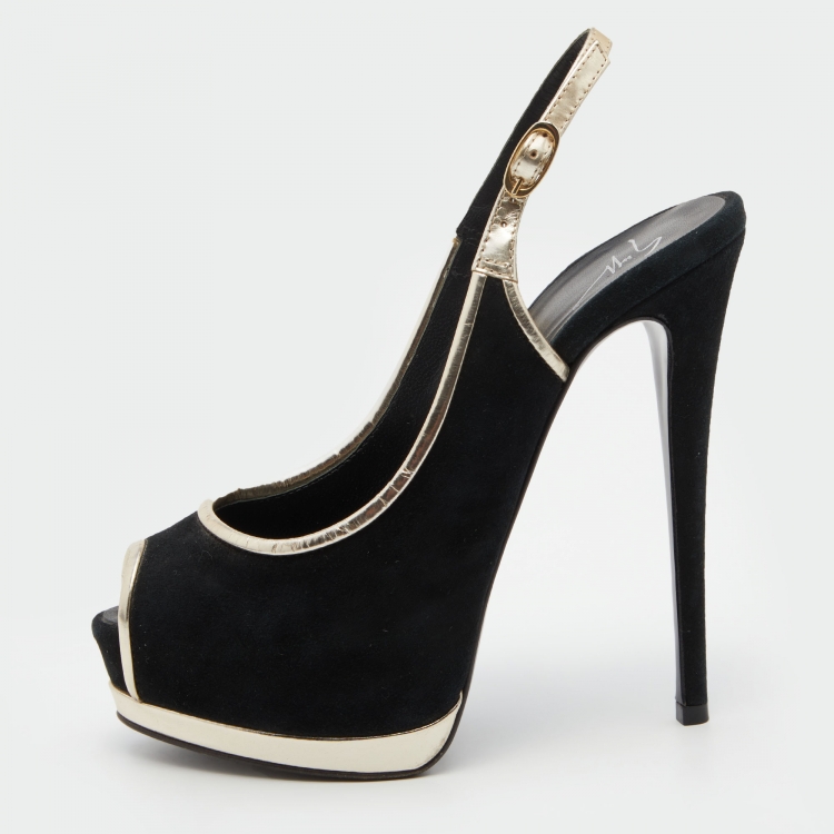 Pre Owned Giuseppe Zanotti Black /Gold Suede Slingback Platform Pumps Size 37