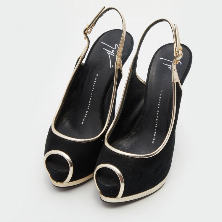 Pre Owned Giuseppe Zanotti Black /Gold Suede Slingback Platform Pumps Size 37