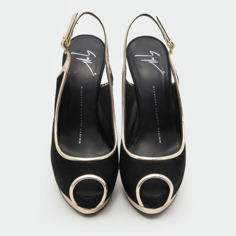 Pre Owned Giuseppe Zanotti Black /Gold Suede Slingback Platform Pumps Size 37