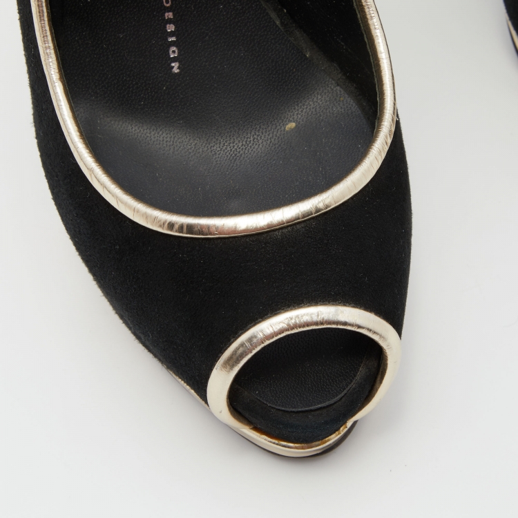 Pre Owned Giuseppe Zanotti Black /Gold Suede Slingback Platform Pumps Size 37