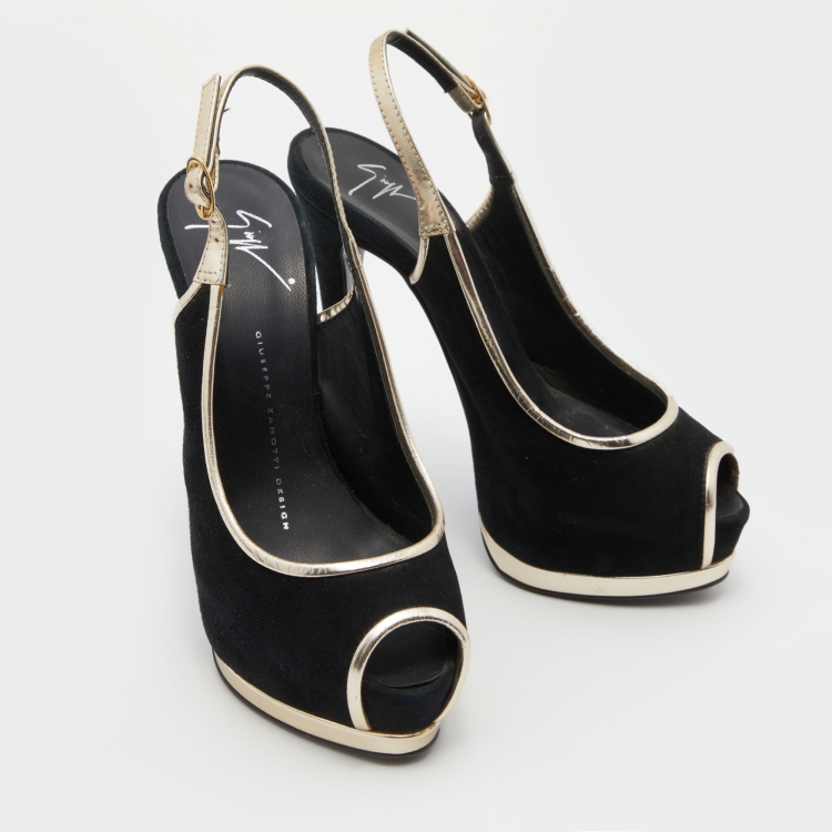 Pre Owned Giuseppe Zanotti Black /Gold Suede Slingback Platform Pumps Size 37