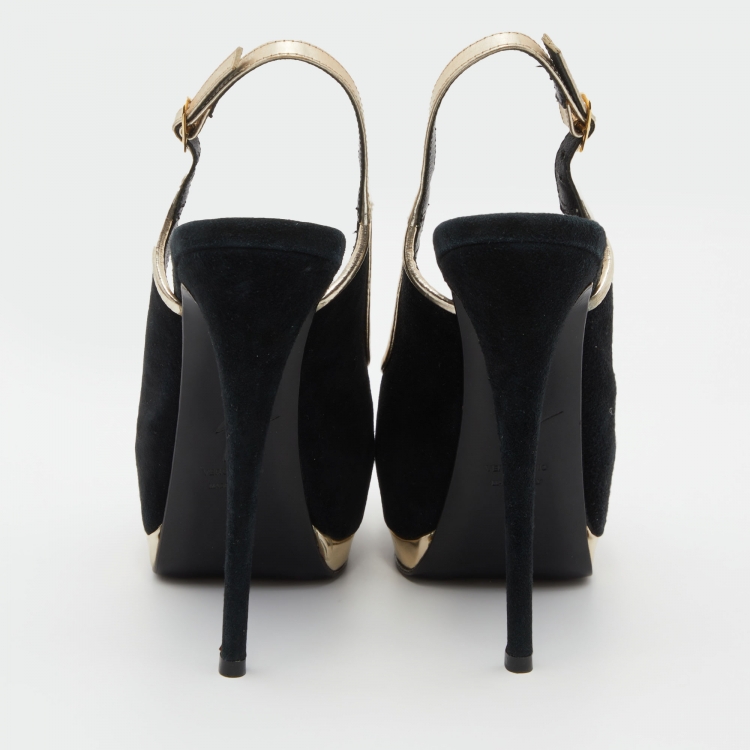 Pre Owned Giuseppe Zanotti Black /Gold Suede Slingback Platform Pumps Size 37