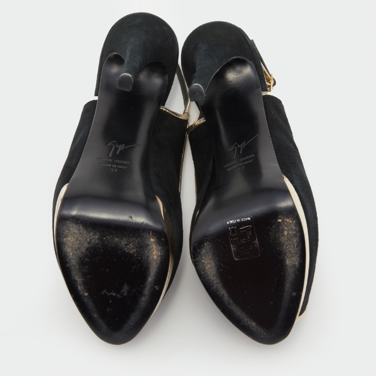 Pre Owned Giuseppe Zanotti Black /Gold Suede Slingback Platform Pumps Size 37