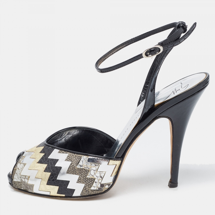 Giuseppe Zanotti Black/Silver Zigzag Leather Peep Toe Platform Sandals ...