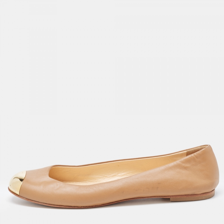 Pre Owned Giuseppe Zanotti Brown Leather Metal Cap Toe Ballet Flats Size 38.5