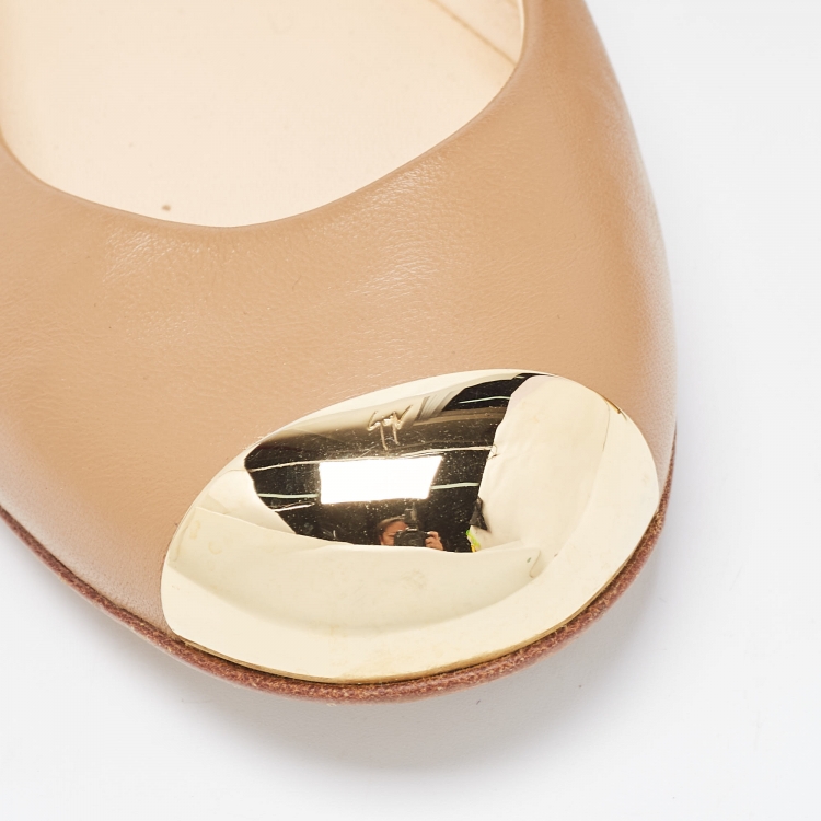 Pre Owned Giuseppe Zanotti Brown Leather Metal Cap Toe Ballet Flats Size 38.5