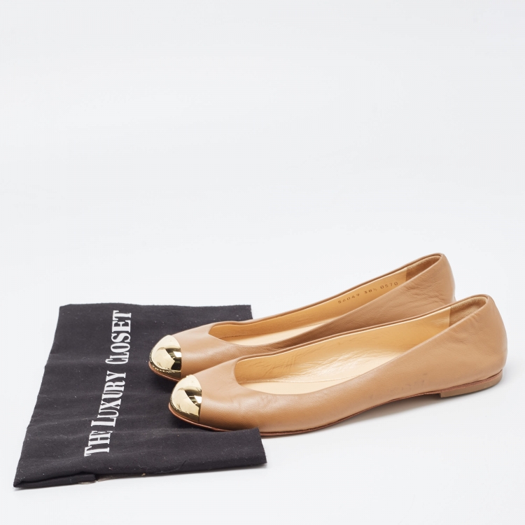 Pre Owned Giuseppe Zanotti Brown Leather Metal Cap Toe Ballet Flats Size 38.5