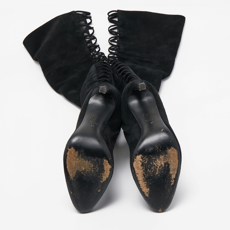 Pre Owned GIiuseppe Zanotti Black  Suede Lace Detail Knee Boots Size 38