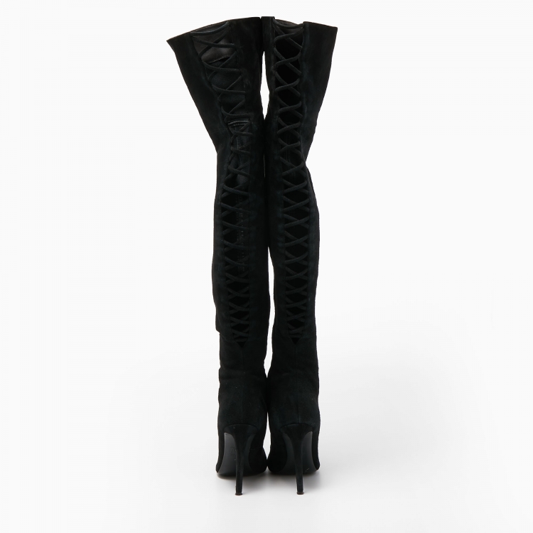 Pre Owned GIiuseppe Zanotti Black  Suede Lace Detail Knee Boots Size 38