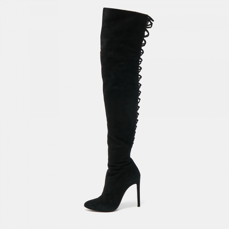 Pre Owned GIiuseppe Zanotti Black  Suede Lace Detail Knee Boots Size 38