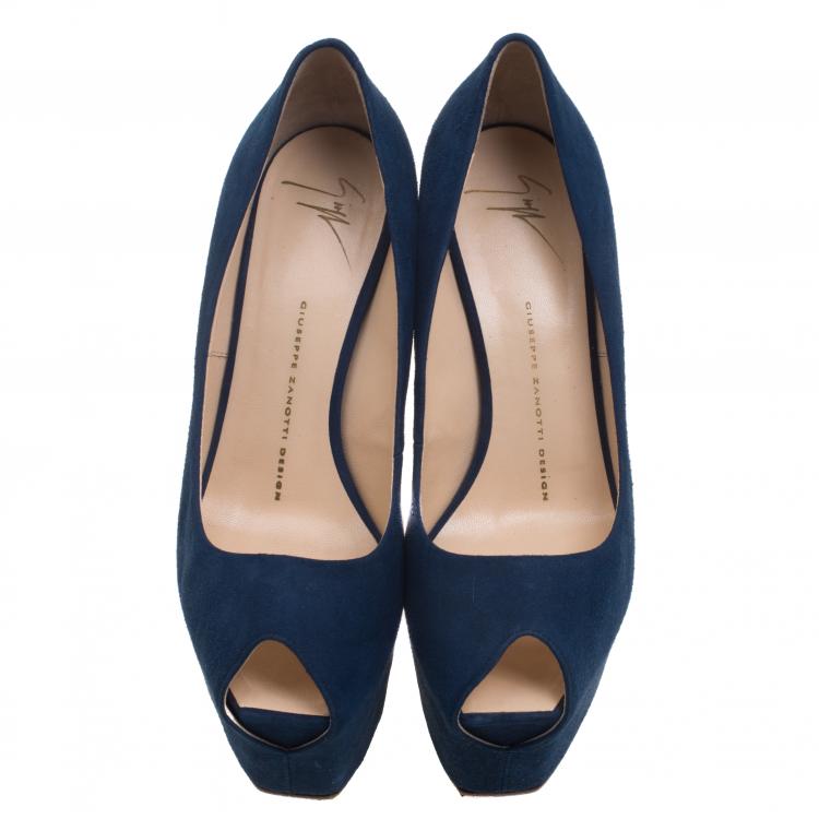 مملوكة مسبقًا Giuseppe Zanotti Denim Blue Suede Peep Toe Platform Pumps Size 37.5