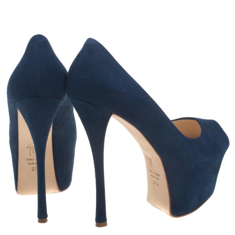 مملوكة مسبقًا Giuseppe Zanotti Denim Blue Suede Peep Toe Platform Pumps Size 37.5