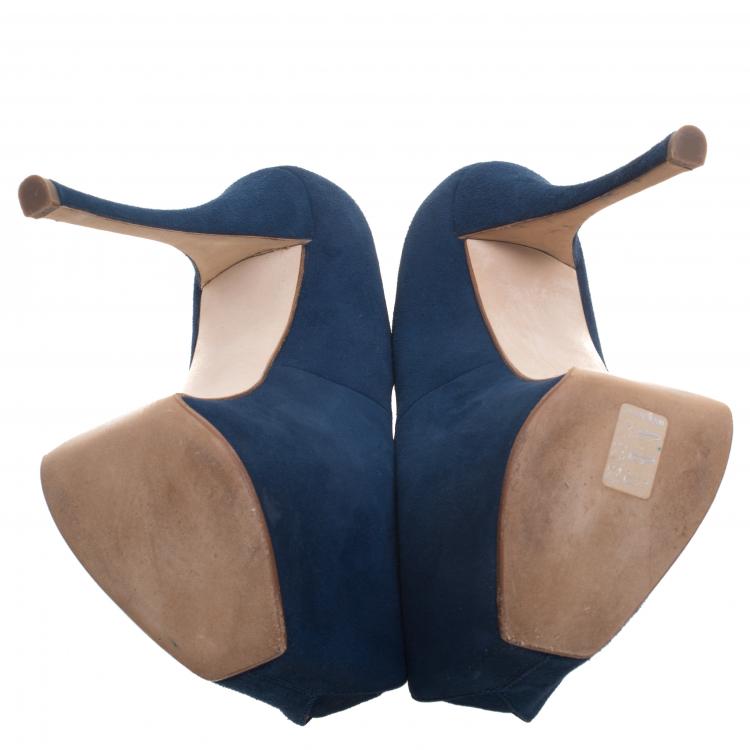 مملوكة مسبقًا Giuseppe Zanotti Denim Blue Suede Peep Toe Platform Pumps Size 37.5