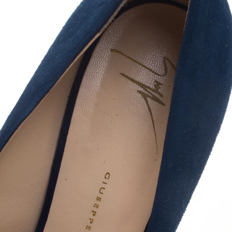 مملوكة مسبقًا Giuseppe Zanotti Denim Blue Suede Peep Toe Platform Pumps Size 37.5
