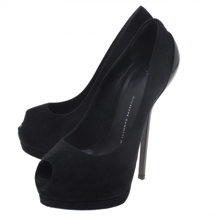Pre Owned Giuseppe Zanotti Black Suede Peep Toe Platform Pumps Size 37