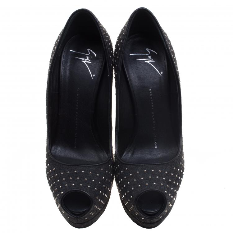 Pre Owned Giuseppe Zanotti Black Studded Felt Peep Toe Platform Pumps Size 36.5