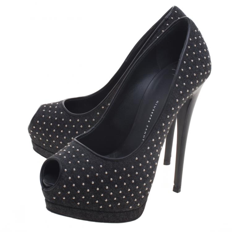 Pre Owned Giuseppe Zanotti Black Studded Felt Peep Toe Platform Pumps Size 36.5