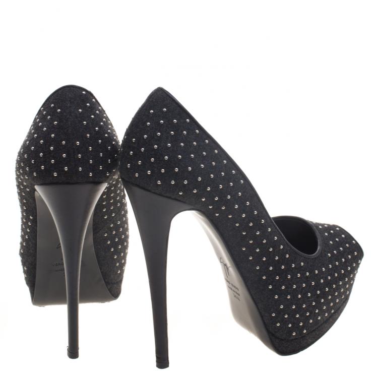 Pre Owned Giuseppe Zanotti Black Studded Felt Peep Toe Platform Pumps Size 36.5