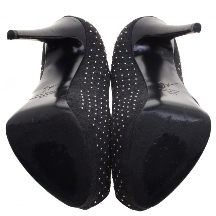 Pre Owned Giuseppe Zanotti Black Studded Felt Peep Toe Platform Pumps Size 36.5
