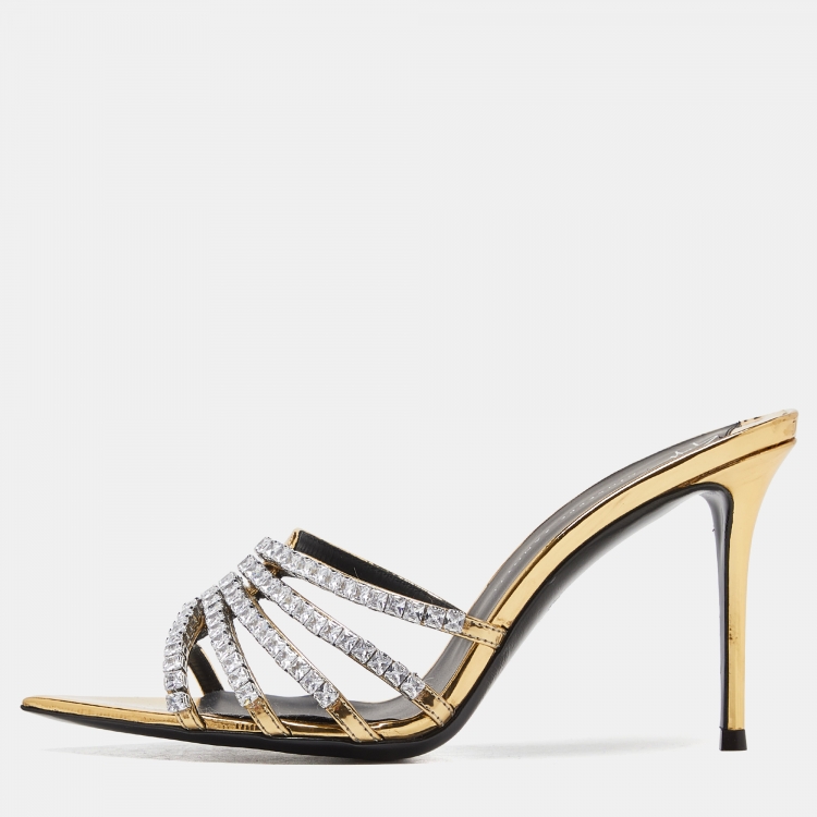 Pre Owned Giuseppe Zanotti Gold Laminated Leather Crystal Embellished Slide Sandals Size 37