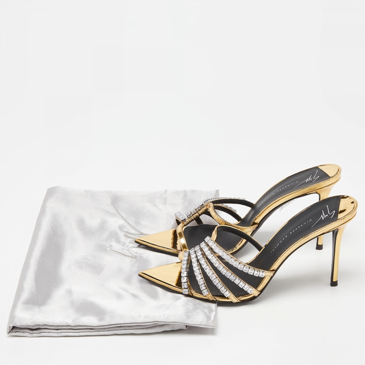 Pre Owned Giuseppe Zanotti Gold Laminated Leather Crystal Embellished Slide Sandals Size 37