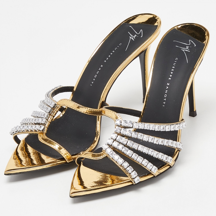 Pre Owned Giuseppe Zanotti Gold Laminated Leather Crystal Embellished Slide Sandals Size 37
