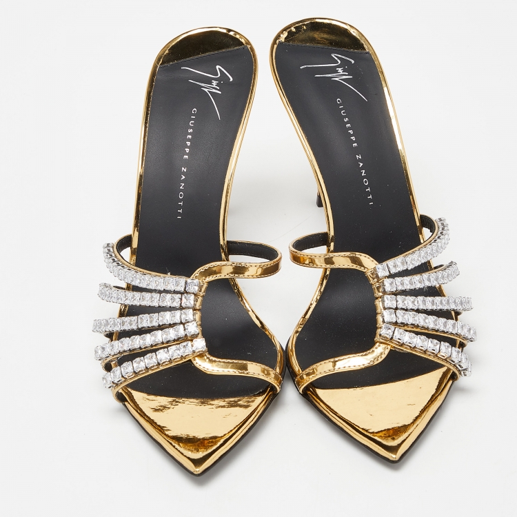 Pre Owned Giuseppe Zanotti Gold Laminated Leather Crystal Embellished Slide Sandals Size 37