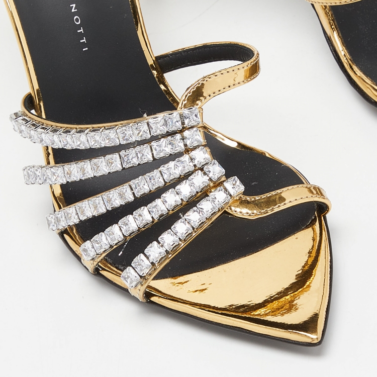 Pre Owned Giuseppe Zanotti Gold Laminated Leather Crystal Embellished Slide Sandals Size 37