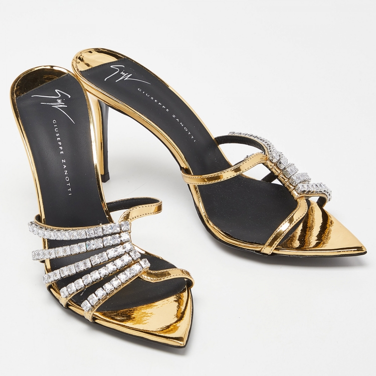 Pre Owned Giuseppe Zanotti Gold Laminated Leather Crystal Embellished Slide Sandals Size 37