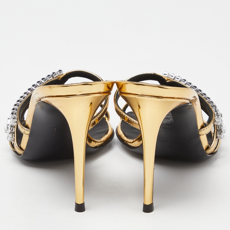 Pre Owned Giuseppe Zanotti Gold Laminated Leather Crystal Embellished Slide Sandals Size 37