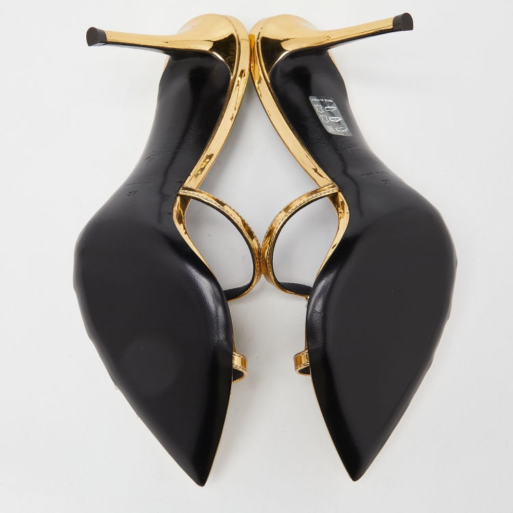 Pre Owned Giuseppe Zanotti Gold Laminated Leather Crystal Embellished Slide Sandals Size 37