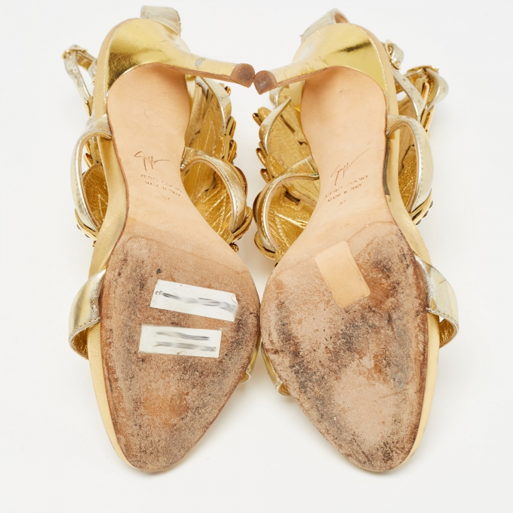 Pre Owned Giuseppe Zanotti Gold Leather Elegant Wings Sandals Size 37