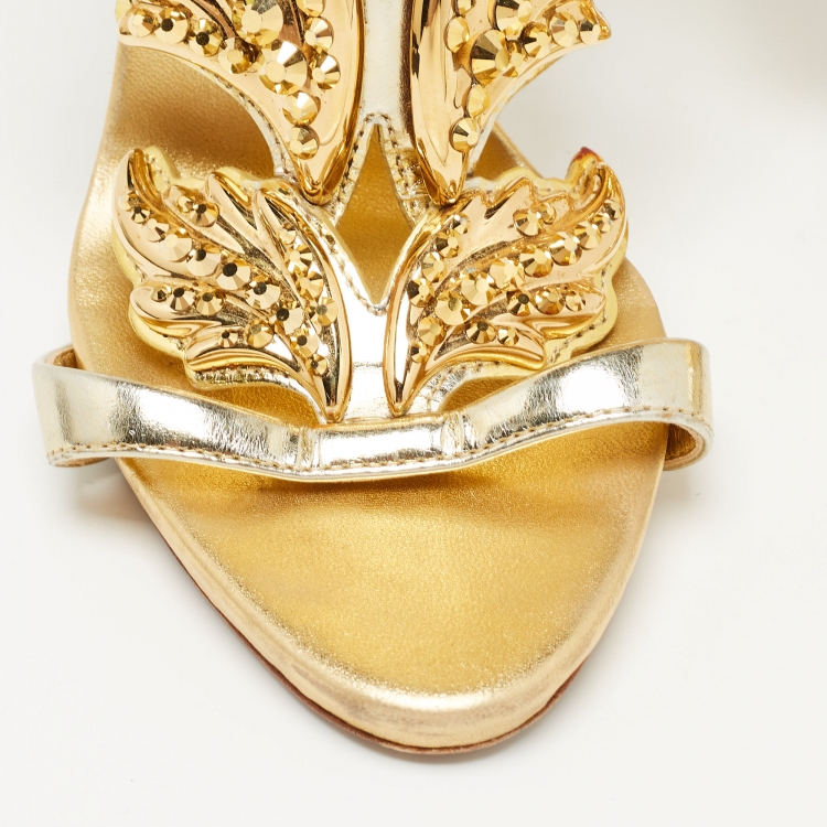 Pre Owned Giuseppe Zanotti Gold Leather Elegant Wings Sandals Size 37