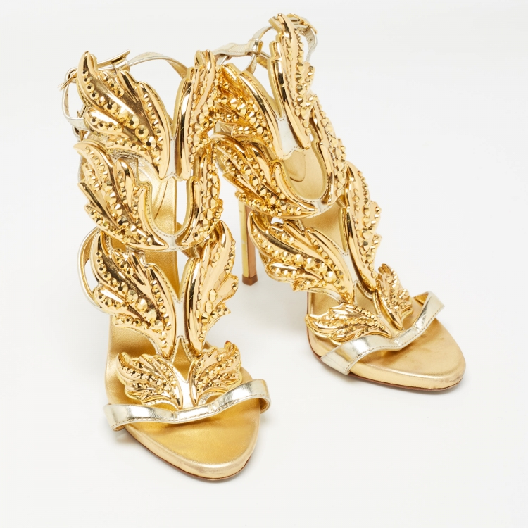 Pre Owned Giuseppe Zanotti Gold Leather Elegant Wings Sandals Size 37