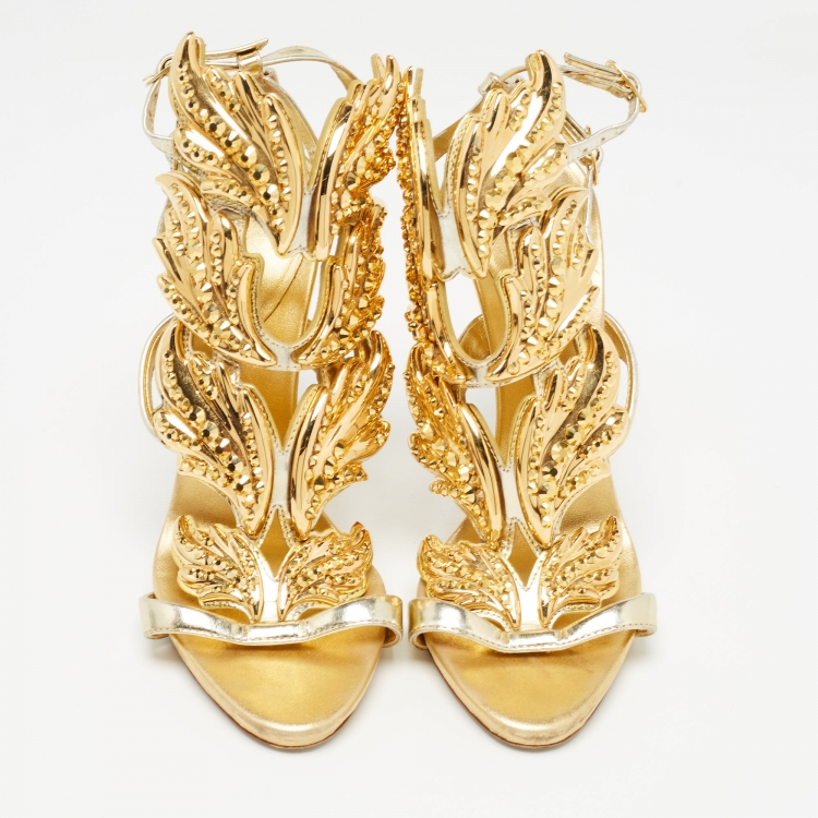 Pre Owned Giuseppe Zanotti Gold Leather Elegant Wings Sandals Size 37