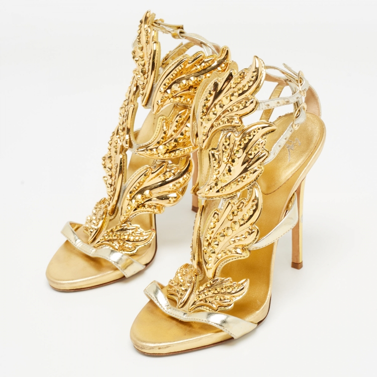 Pre Owned Giuseppe Zanotti Gold Leather Elegant Wings Sandals Size 37