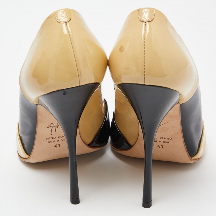Pre Owned Giuseppe Zanotti Beige/Black Patent Leather Pointed Toe Pumps Size 41