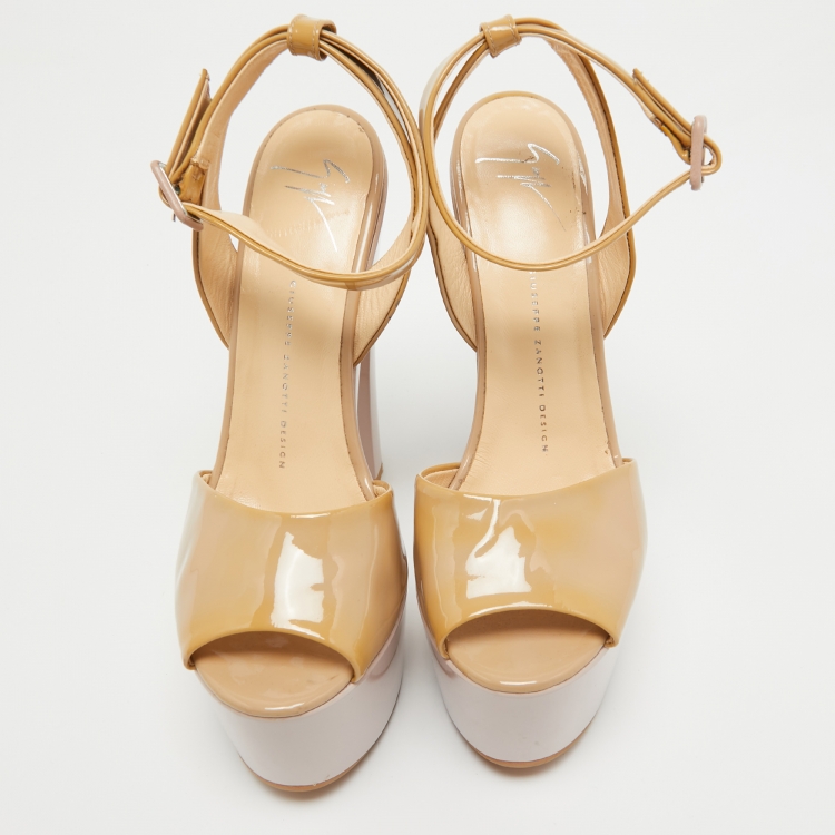 Pre Owned Giuseppe Zanotti Beige Patent Leather Lavinia Open Toe Platform Ankle Strap Sandals Size 39