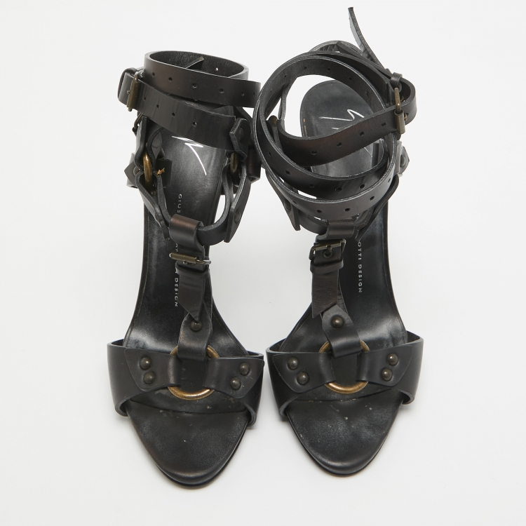 Pre Owned Giuseppe Zanotti Black Leather Ankle Strap Sandals Size 40