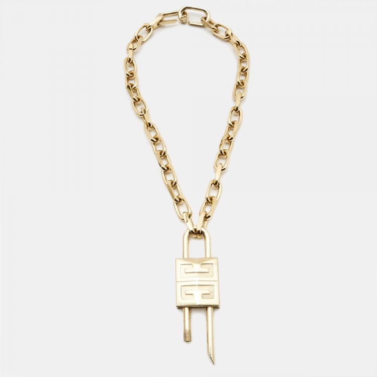 Pre Owned Givenchy Pad Lock Gold Tone Necklace