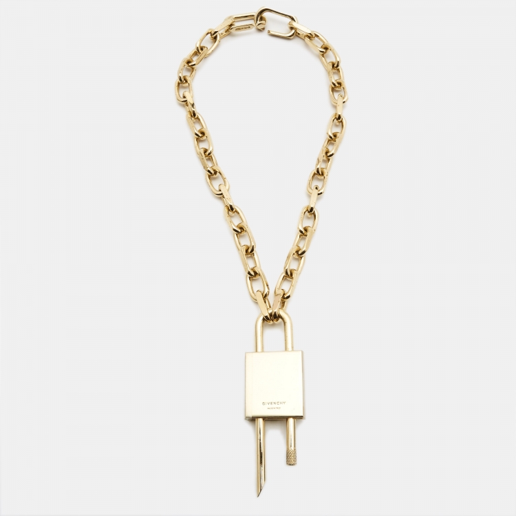 Pre Owned Givenchy Pad Lock Gold Tone Necklace