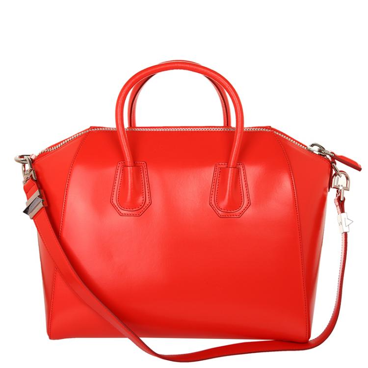 Pre Owned Givenchy Coral Red Leather Medium Antigona Satchel Bag