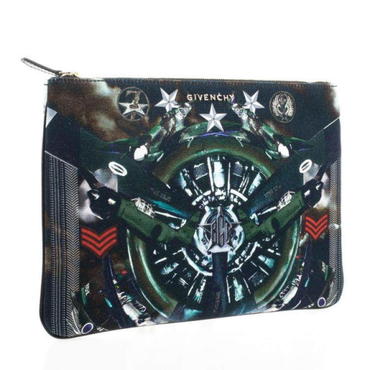 Pre Owned Givenchy Fighter Plane and Stars-Print Canvas Clutch