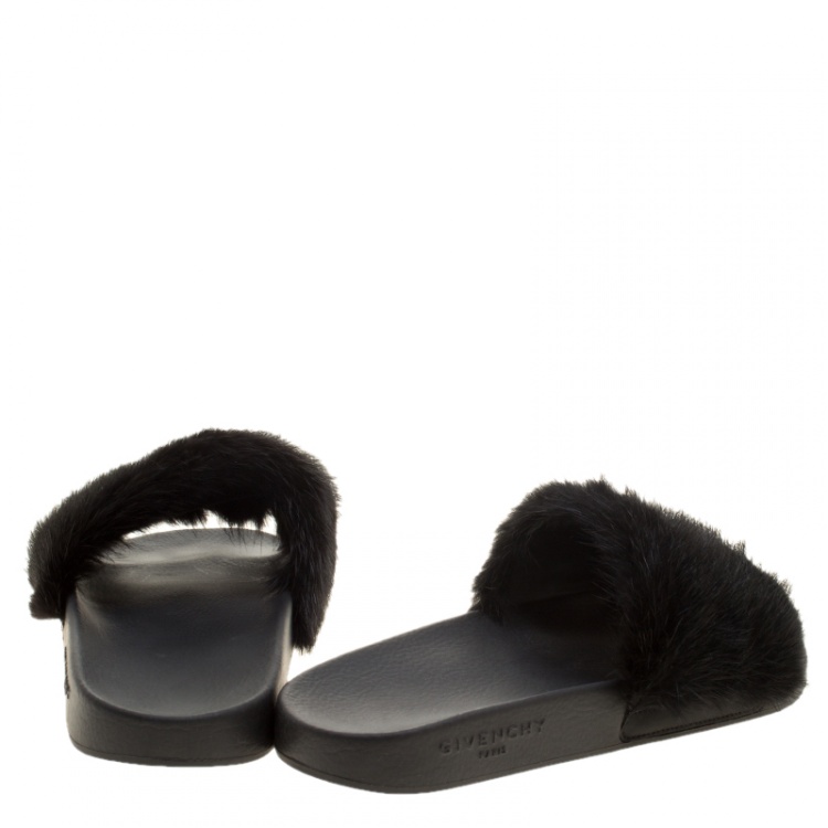 Pre Owned Givenchy Black Mink Fur Flat Slides Size 40