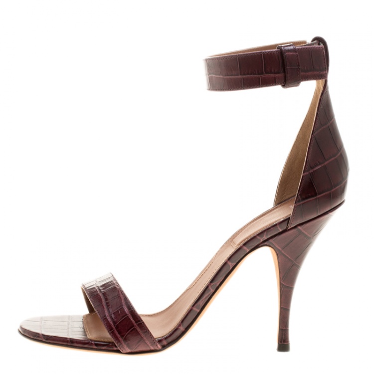 Pre Owned Givenchy Bordeaux Croc Embossed Leather Ankle Strap Open Toe Sandals Size 38.5