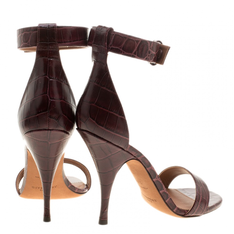 Pre Owned Givenchy Bordeaux Croc Embossed Leather Ankle Strap Open Toe Sandals Size 38.5