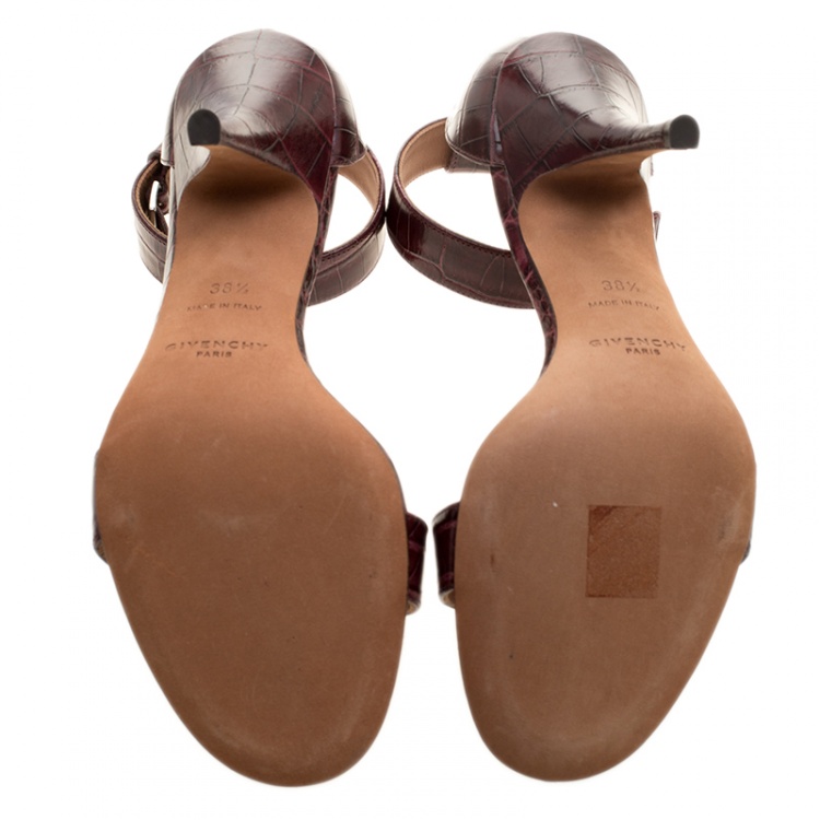 Pre Owned Givenchy Bordeaux Croc Embossed Leather Ankle Strap Open Toe Sandals Size 38.5