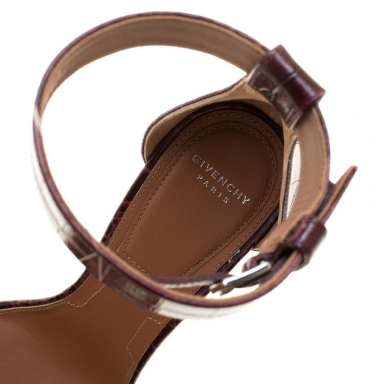 Pre Owned Givenchy Bordeaux Croc Embossed Leather Ankle Strap Open Toe Sandals Size 38.5