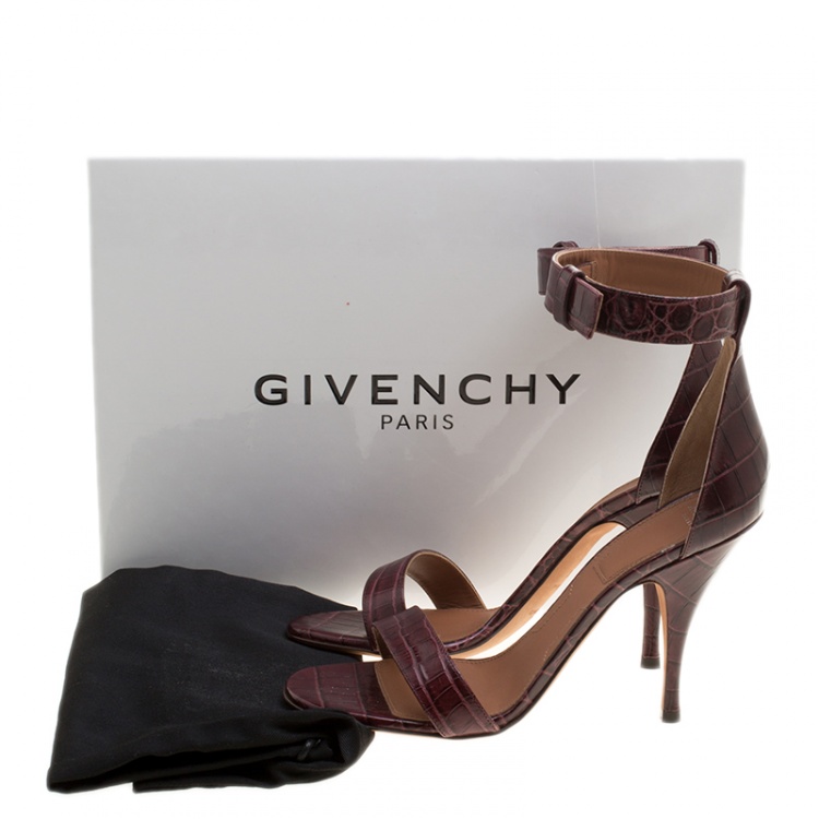 Pre Owned Givenchy Bordeaux Croc Embossed Leather Ankle Strap Open Toe Sandals Size 38.5