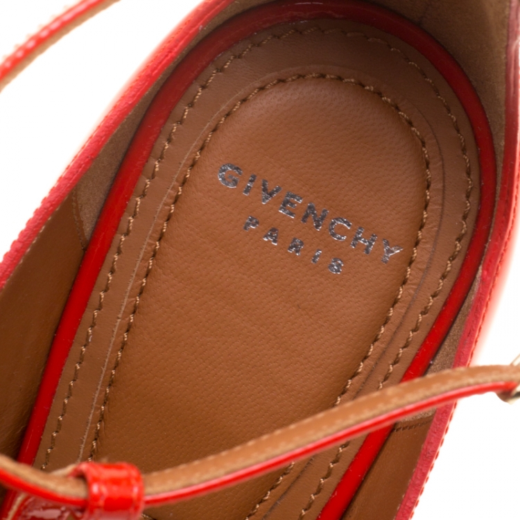 Pre Owned Givenchy Red Patent Leather T Strap Open Toe Sandals Size 37.5
